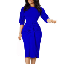 Vestido casual de mujer, color liso, manga larga, cuello redondo, fruncido, ajustado, largo hasta la rodilla.