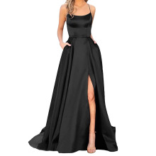 Elegantes langes Satinkleid mit Spaghettiträgern, Schlitz und Tasche für Damen – perfekt für Hochzeiten, Cocktailpartys und als