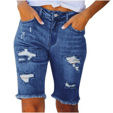 Pantalon de travail, legging court en jean taille haute déchiré, style velouté, effet usé.