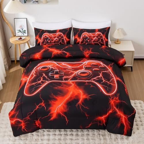 Queen Boys Bedding Set Red Gaming Controller Design 3-Piece 1