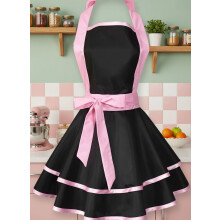 Cotton retro black apron for women, pink trim