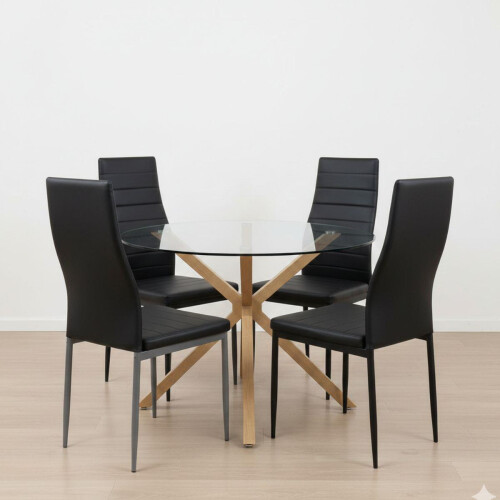 Round Glass Dining Table Set With 4 Black Chairs
