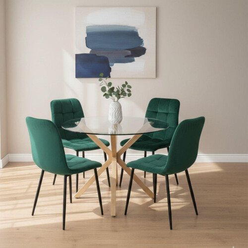 Round Glass Dining Table Set With 4 green Chairs
