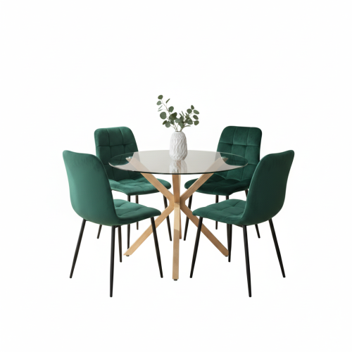Round Glass Dining Table Set With 4 green Chairs 1