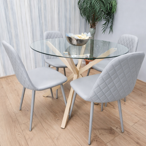 Round Glass Dining Table Set With 4 Grey Chairs