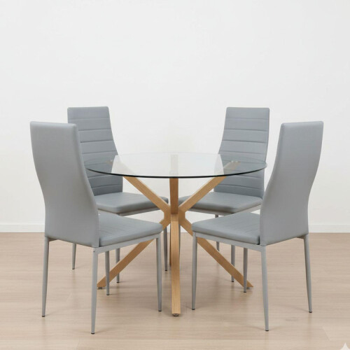 Round Glass Dining Table Set With 4 grey Chairs