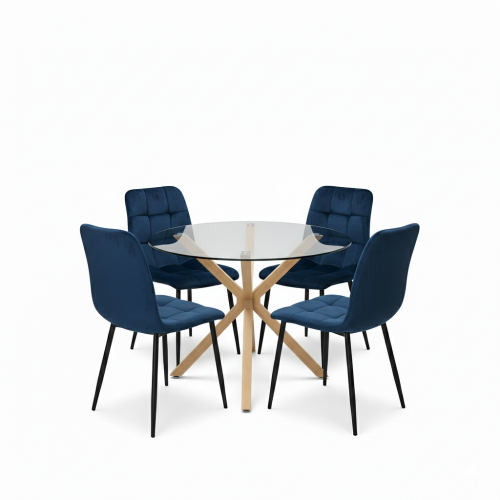 Round Glass Dining Table Set With 4 Blue Chairs 1