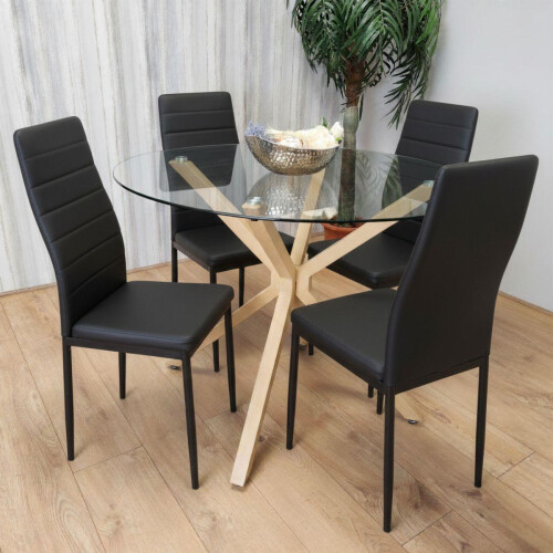 Round Glass Dining Table Set With 4 Black Chairs 1