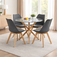 Round Glass Dining Table Set With 4 grey plastic Chairs Dining Room Furniture