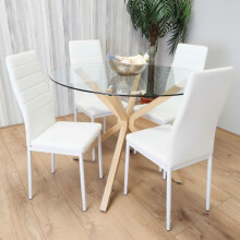 Round Glass Dining Table Set With 4 white Chairs