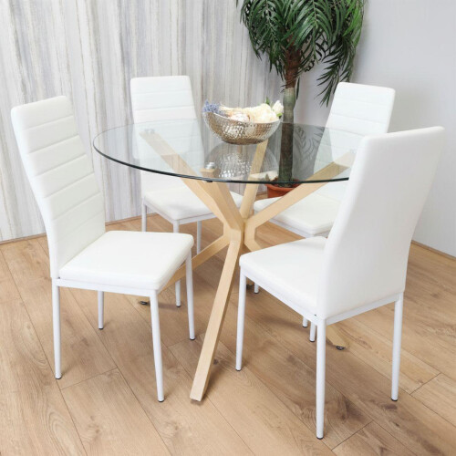 Round Glass Dining Table Set With 4 white Chairs