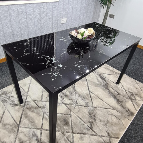 Black Marble Dining Table with 4 White Chairs 2