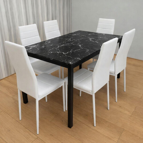 Black Marble Effect Dining Table with 6 White Faux Leather Chairs