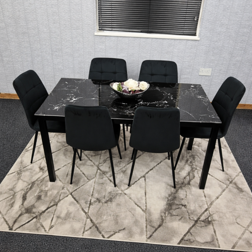 Black Marble Dining Table Set with 6 Black Chairs