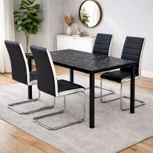 Black Marble Effect Dining Table with 4 Black Faux Leather Chairs Kitchen Furniture