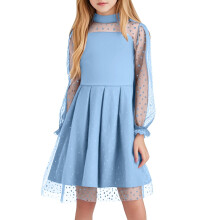 A-lijn jurk voor meisjes van mesh, trendy, comfortabel en van zachte stof, lange mouwen, ronde hals, elegante stijl voor feestjes, dansvoorstellingen