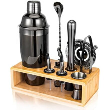 10-delige cocktailshakerset met bamboe standaard, martini shaker, menglepel, muddler, maatbeker en kurkentrekker – geschikt voor thuis- en