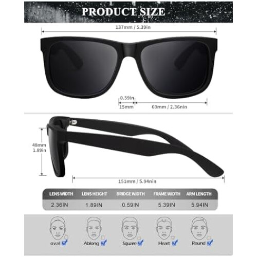 Γυαλιά ηλίου Polarized για άνδρες, γυναίκες, κλασικό ματ μαύρο σκελετό, προστασία UV, 3 1