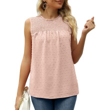 Blusas femininas de alcinha com babados no decote, plissadas e sem mangas, em chiffon com estampa de poá suíço.