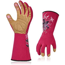 1-Pair Women's Synthetic Leather Gardening Gloves, Long Cuff, Breathable & Grip, Washable, High Dexterity (S, Red, SL7445)