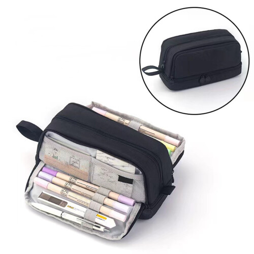 Multi-Layer 4-Window Large-Capacity Pencil Case - Black, Japanese Stationery Material