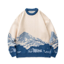 Sweater for Men Round Neck Long Sleeve Tie-dyeing Mountain Print Sweater Pullover Knit Top