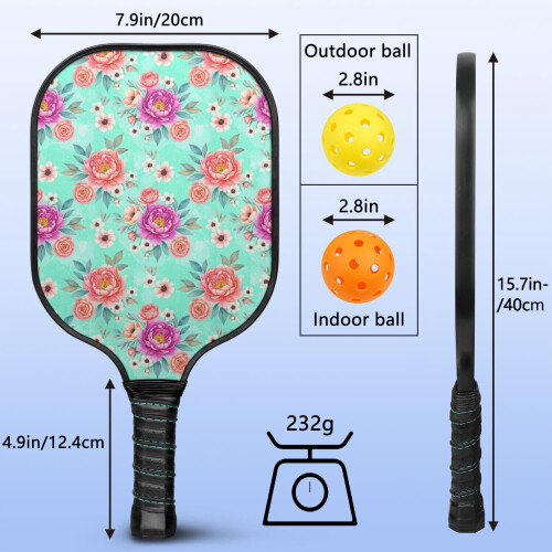 Σετ κουπιών Pickleball από fiberglass με λουλούδια και 2 μπάλες και τσάντα – Συμβατό με 2
