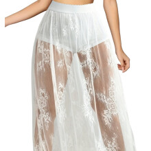 Rave-outfits voor dames: doorschijnende rok, festival- en clubkleding, mesh, hoge taille, A-lijn maxi-rok, wit, maat L