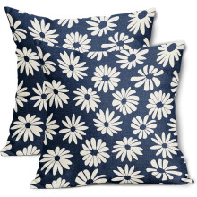 Conjunto de 2 capas de almofada azul-marinho 50x50cm com estampa floral branca de margaridas e geometria – decoração estilo fazenda para uso