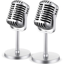 Conjunto de 2 Microfones Retrô de Plástico para Decoração de Mesa de Palco - Modelo Vintage - Suporte Decorativo Antigo para Fantasia - Brinquedo