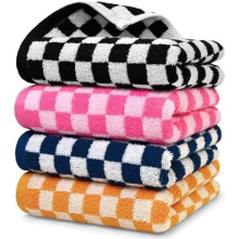 4er-Pack Handtücher, dekorative Baumwollhandtücher für Bad und Küche, kariert, 33 x 74 cm, Schwarz, Pink, Marineblau, Orange