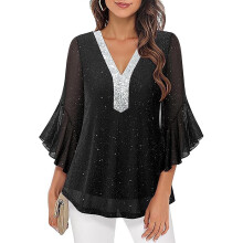 Elegante und lässige Damenoberteile: Rüschenblusen mit 3/4-Ärmeln, Glitzerblusen mit Pailletten und V-Ausschnitt aus Chiffon, fließende Blusen
