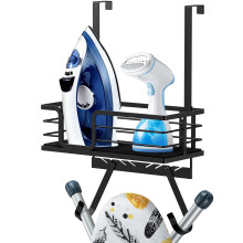 TJ.MOREE Wall Mount/Over the Door Ironing Board Holder with Large Storage Basket &Strong Hooks, Laundry Room Iron and Ironing Board Holder Storage