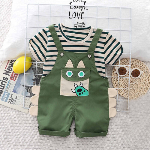 Completo due pezzi in cotone per bambini piccoli, composto da top a righe verdi e 1