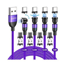 ZLC Magnetisk Laddkabel 4-pack (3,3 fot/6,6 fot/6,6 fot/10 fot), 540 Roterande, 3-i-1 Nylon USB-kabel för Micro/Type-C/iPhone — Kompatibel med