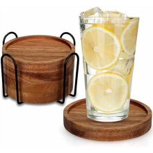 4 Wooden Farmhouse Coasters with Metal Holder