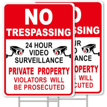 NO Trespassing Signs w/ Video Surveillance Warning, 13"x10" Double-Sided, 2-Pack + H-Stakes, Outdoor Yard Sign for Home, Garden, Lawn