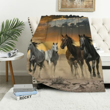 Wild Horses Fuzzy Throw Blanket for Men & Boys – Beach Horse Print, Couch/Bed/TV Blanket, Horse Lovers Gift, White – Compatible with All Sizes