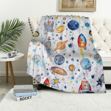 Zachte plaid met ruimteplaneten voor kinderen, flanellen deken met raket- en astronautenmotief, knusse, pluizige galaxy-deken voor peuters –