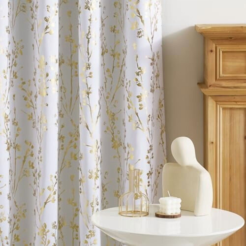 Blackout White Curtains Grommet Branch Pattern Gold Foil