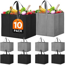 Reusable Grocery Shopping Bags 10 Pack Large Foldable Tote Bags Bulk, Eco Produce Bags with Long Handle for Shopping Groceries Clothes (Grey&Black)