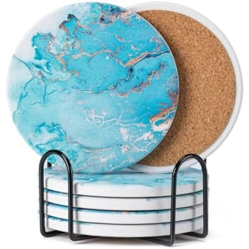 6 Pack Marble Ceramic Coasters with Black Metal Holder