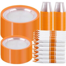 210pcs Clear Orange Disposable Plates Set for 30 Guests: 10" & 7", Cups, Napkins, Cutlery – Party & Wedding