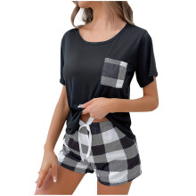 Damestop met ronde hals, korte mouwen en zakje, en bijpassende shorts met elastische taille | XS-XL | Zachte pyjama loungewear