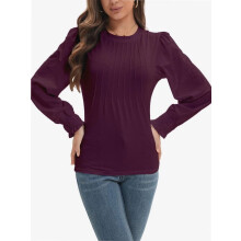 Top a tunica da donna a maniche lunghe a sbuffo per l'autunno, camicie a girocollo plissettate, bluse casual ampie.