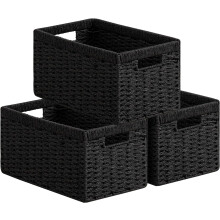 UBBCARE 3-Pack Wicker Baskets, 13.4L8.3H7.1W in, Foldable Rectangular Storage Baskets with Handle, Black – Compatible with Home Organization