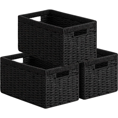 UBBCARE 3-Pack Wicker Baskets, 13.4L8.3H7.1W in, Foldable Rectangular Storage Baskets with Handle, Black – Compatible with Home Organization