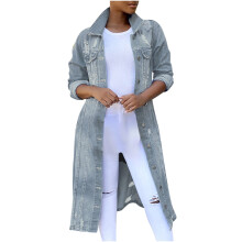 Veste en jean mi-longue pour femme, col rabattu, couleur unie, manches longues, coupe mi-longue, style décontracté et élégant, effet usé, bleu