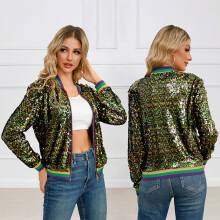 Giacca bomber da donna con paillettes, maniche lunghe scintillanti, alla moda, per feste, club, Mardi Gras, con cerniera.