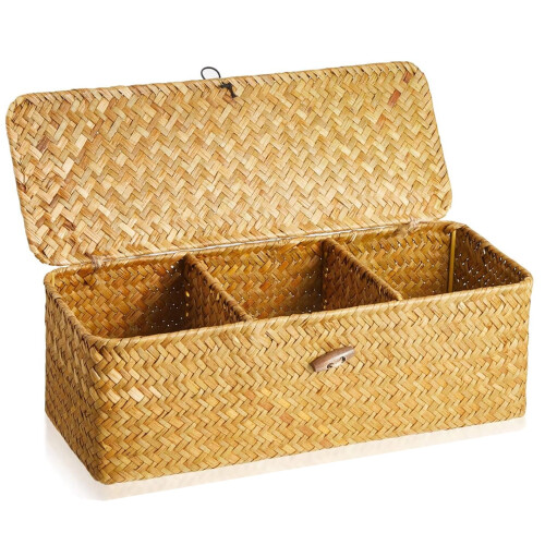 Handwoven Wicker Shelf Baskets with Lid, 12.6"x4.72", 3-Section Rectangular Storage Organizer – Compatible with Standard Shelves